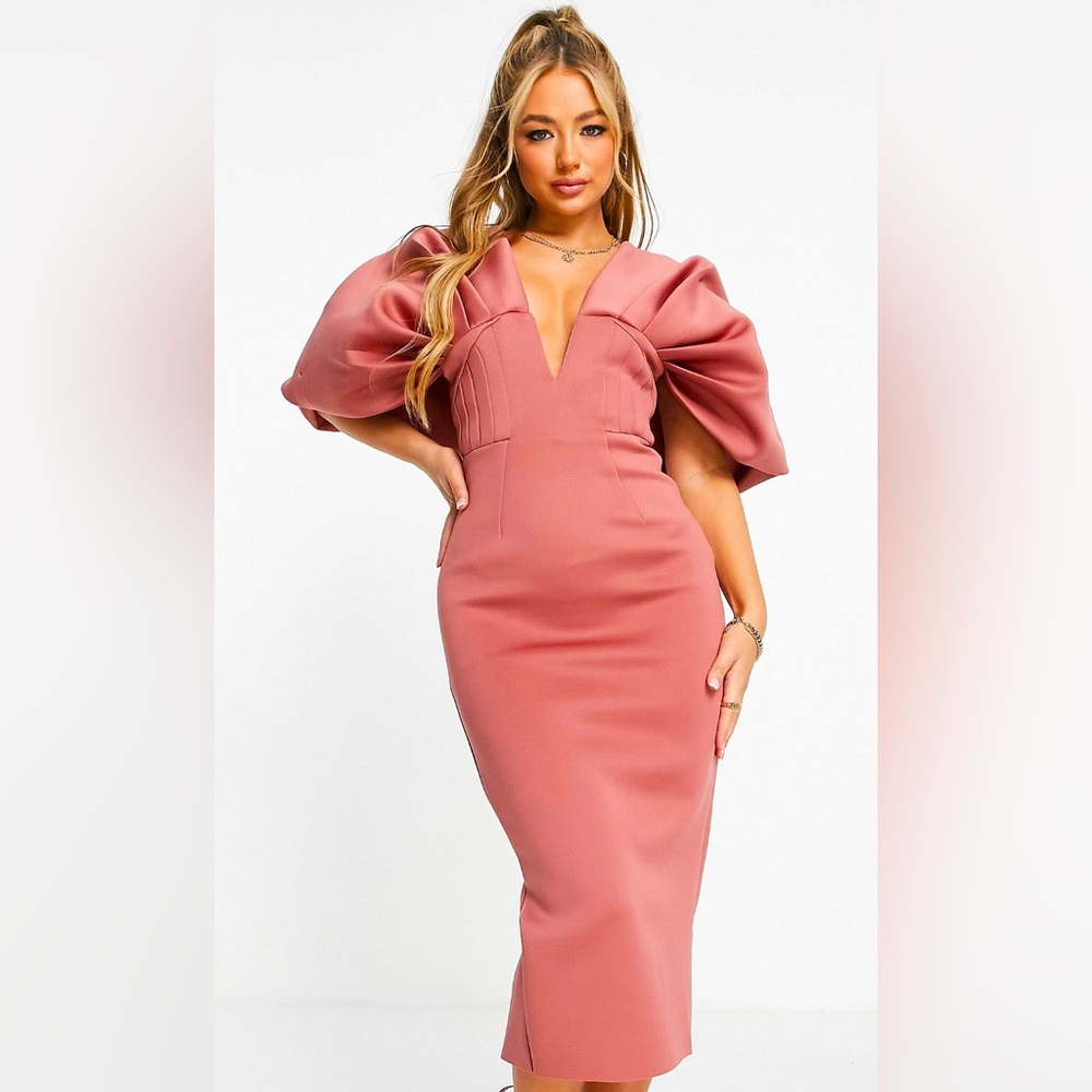 ASOS DESIGN structured ruched sleeve V neck pencil midi dress in rose